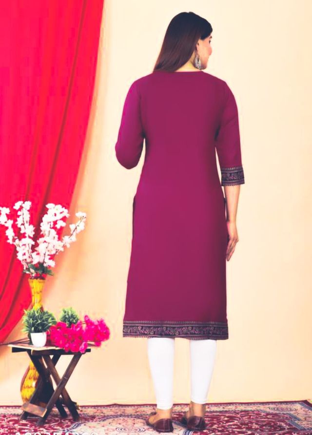 Women's Maroon Embroidered Kurti | 3/4 Sleeve Cotton Kurta