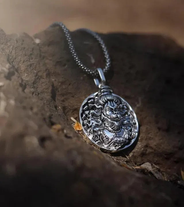 Hanuman Ji Oxidised Silver Pendant with Chain – Devotional Necklace for Men & Women