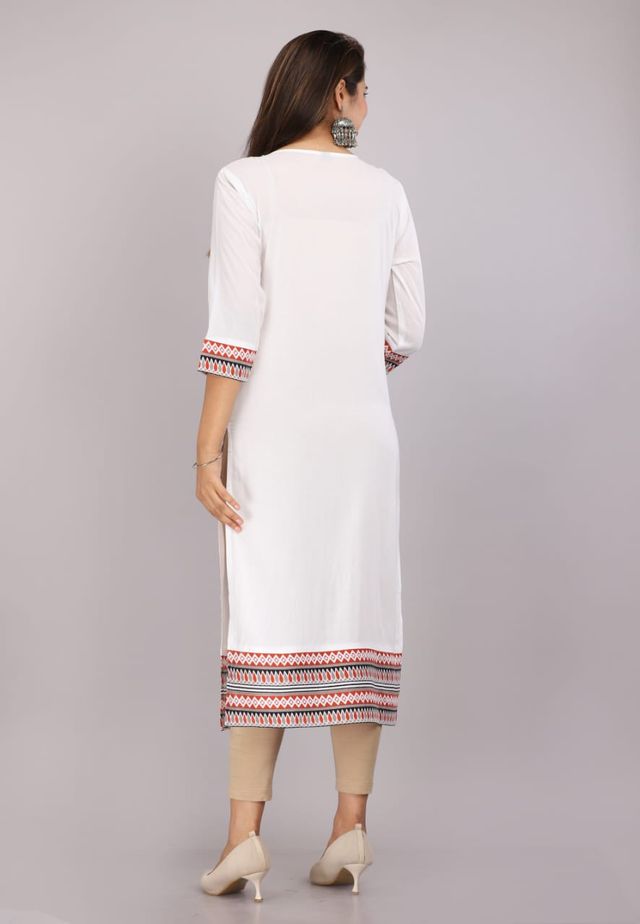 Women's White Embroidered Kurti | 3/4 Sleeve Cotton Kurta