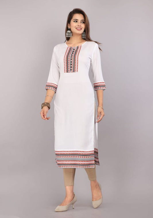 Women's White Embroidered Kurti | 3/4 Sleeve Cotton Kurta
