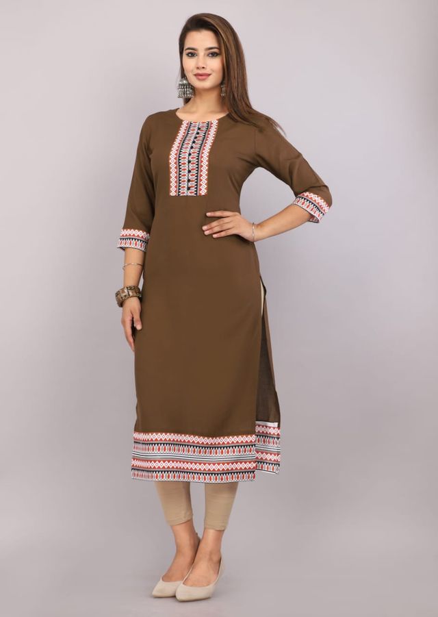 Women's Olive Brown Embroidered Kurti | 3/4 Sleeve Cotton Kurta