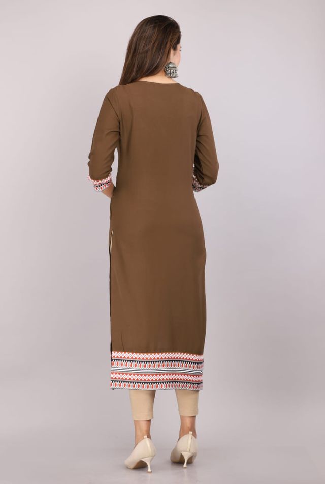 Women's Olive Brown Embroidered Kurti | 3/4 Sleeve Cotton Kurta