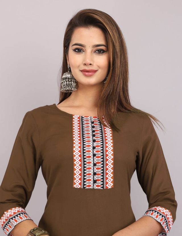 Women's Olive Brown Embroidered Kurti | 3/4 Sleeve Cotton Kurta