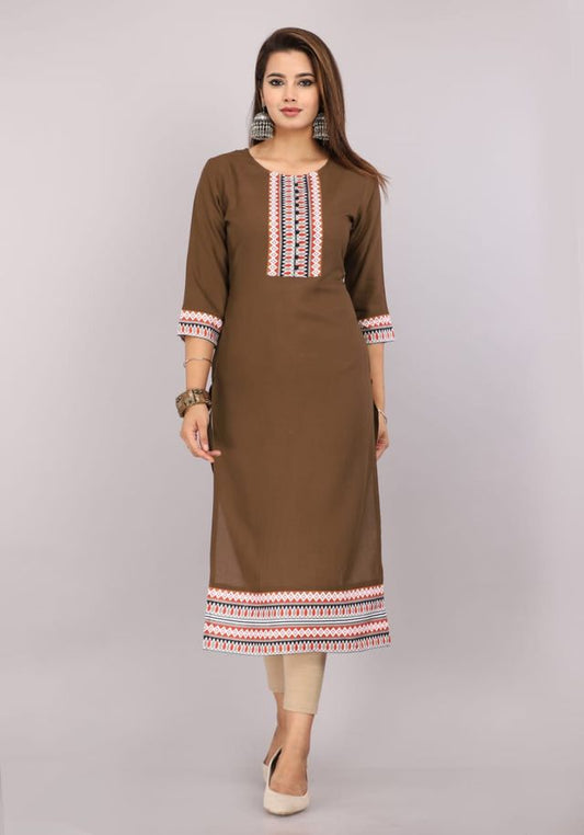 Women's Olive Brown Embroidered Kurti | 3/4 Sleeve Cotton Kurta
