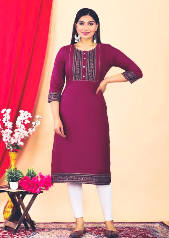 Women's Maroon Embroidered Kurti | 3/4 Sleeve Cotton Kurta