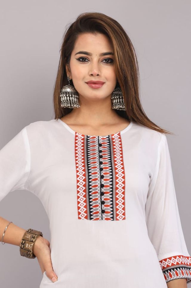Women's White Embroidered Kurti | 3/4 Sleeve Cotton Kurta