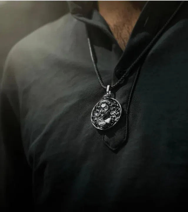 Hanuman Ji Oxidised Silver Pendant with Chain – Devotional Necklace for Men & Women