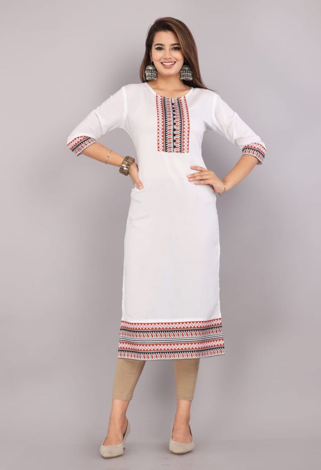 Women's White Embroidered Kurti | 3/4 Sleeve Cotton Kurta