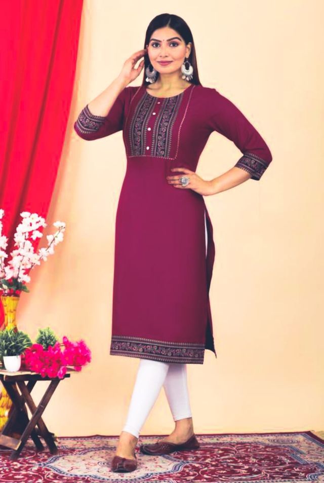 Women's Maroon Embroidered Kurti | 3/4 Sleeve Cotton Kurta